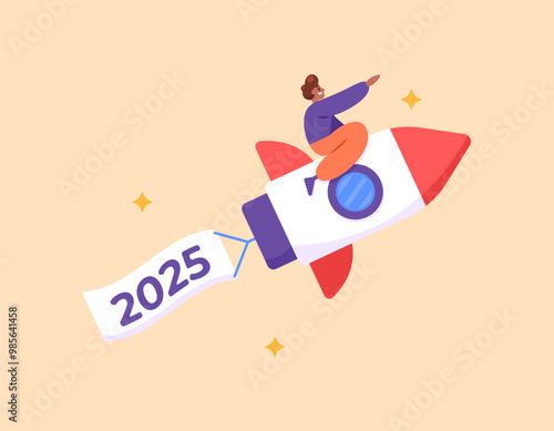 concept of launching a business in 2025. startup business. developing and boosting a business. illustration of a businessman riding a rocket carrying a 2025 banner. flat style design. elements