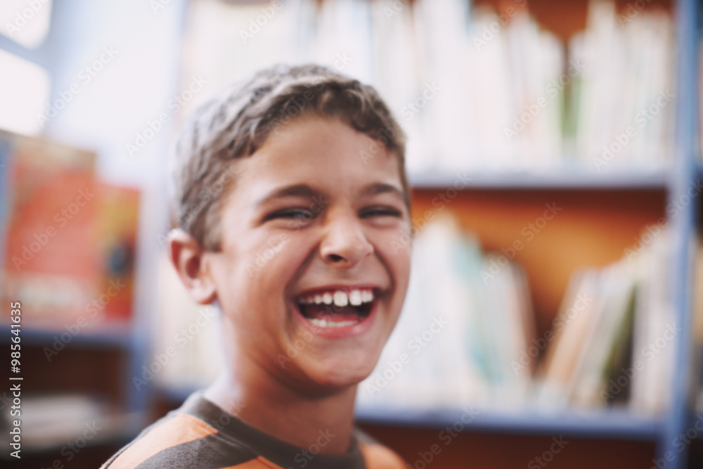 Boy, portrait and excited in library for learning, education and fun with books, knowledge and info. Student, face and happy in school for development, study and history with academic scholarship Boy, portrait and excited in library for learning, education and fun with books, knowledge and info. Student, face and happy in school for development, study and history with academic scholarship