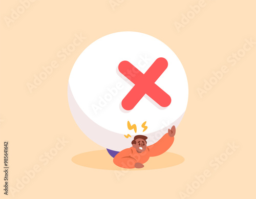 concept of failure and not succeeding. getting rejected. making mistakes. getting stuck in trouble. illustration of a man being hit by a big ball with a cross on it. flat style design. elements