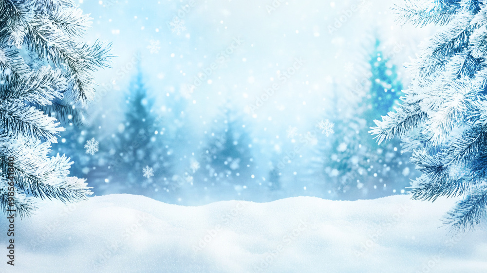 snowy Christmas background with blur effect with falling snowflakes in snow forest