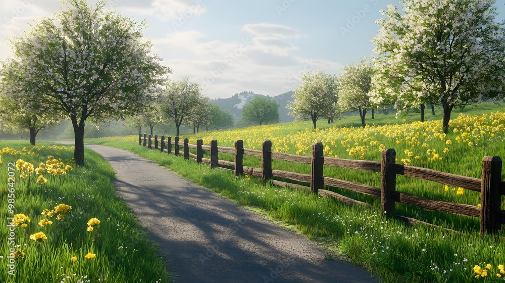 Spring Meadow Path with Blooming Trees and Flowers Spring Meadow Path with Blooming Trees and Flowers