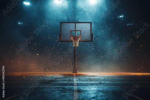 Basketball Hoop with Confetti in Smoky Arena