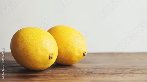 Two whole lemons on a wooden table.