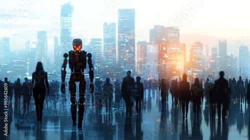 A futuristic cityscape with humanoid robots walking among humans, seamlessly integrating into society, highlighting the advancement of AI and robotics