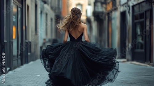 Woman in a black dress walking down a city street.
