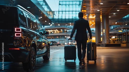 A traveler with luggage walking towards the airport terminal, showcasing a modern travel experience and city ambiance.