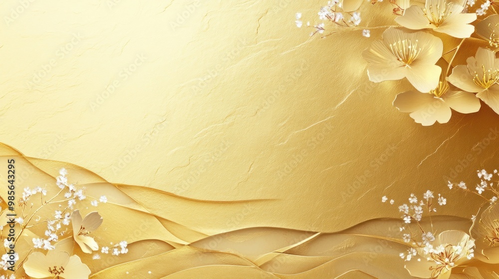 Gold and white flowers with flowing lines on a textured gold background. Gold and white flowers with flowing lines on a textured gold background.