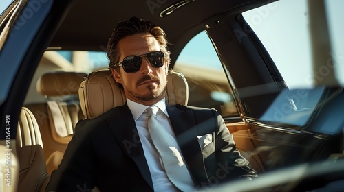 A stylish man in a suit sits confidently in a luxury car with sunglasses, exuding charisma and sophistication.