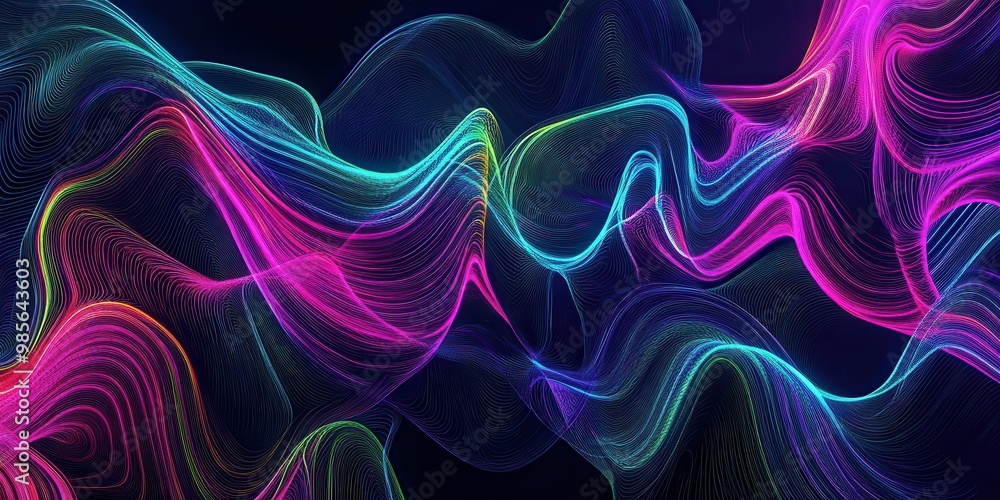 Abstract colorful waves with glowing lines on a dark background.