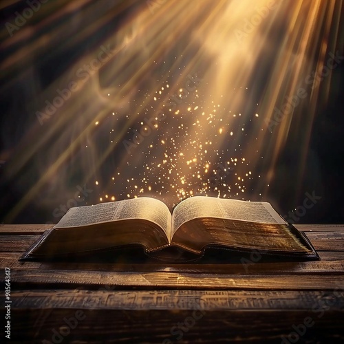 Open book on wooden table with rays of light coming out