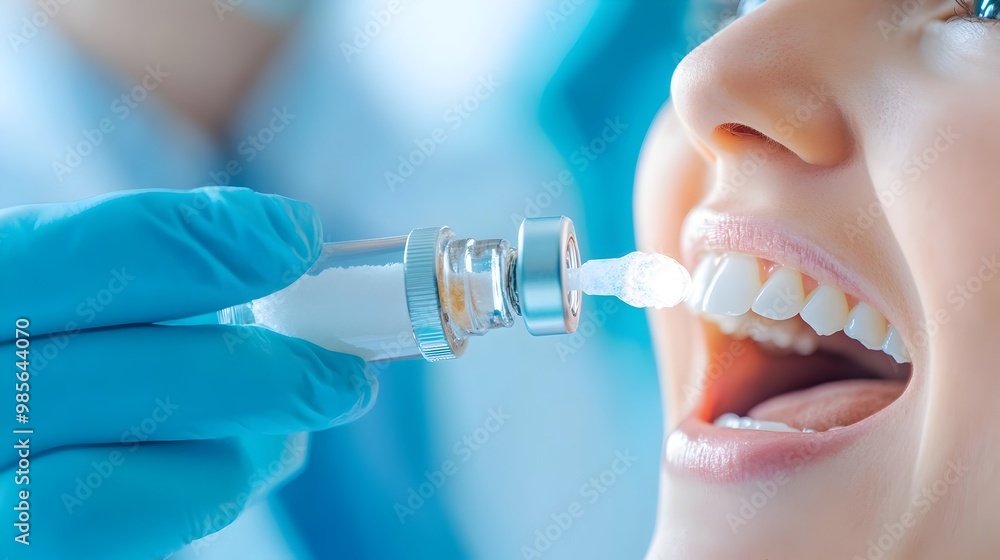 Hand holding medical vial with patient s open mouth for medical examination