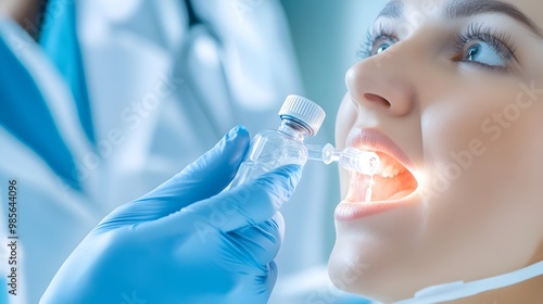 Hand Holding Vial with Patient Opening Mouth for Medical Examination