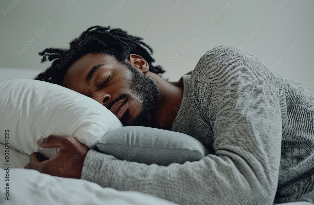 A man is sleeping on his side with a stuffed animal and a pillow. He is wearing gray pajamas with a hood, against a white background. Advertising stock photo. Close-up of both hands holding a pillow. A man is sleeping on his side with a stuffed animal and a pillow. He is wearing gray pajamas with a hood, against a white background. Advertising stock photo. Close-up of both hands holding a pillow.