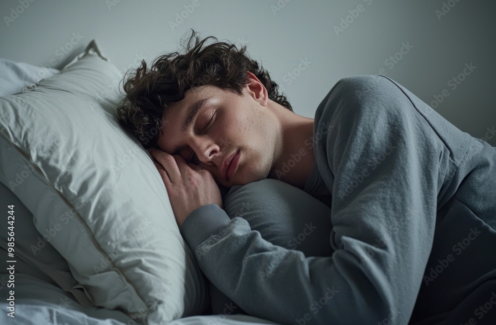 A man is sleeping on his side with a stuffed animal and a pillow. He is wearing gray pajamas with a hood, against a white background. Advertising stock photo. Close-up of both hands holding a pillow. A man is sleeping on his side with a stuffed animal and a pillow. He is wearing gray pajamas with a hood, against a white background. Advertising stock photo. Close-up of both hands holding a pillow.