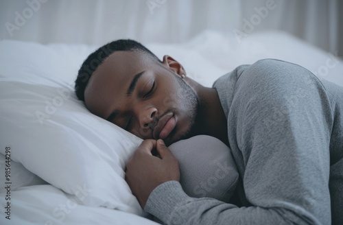 A man is sleeping on his side with a stuffed animal and a pillow. He is wearing gray pajamas with a hood, against a white background. Advertising stock photo. Close-up of both hands holding a pillow.