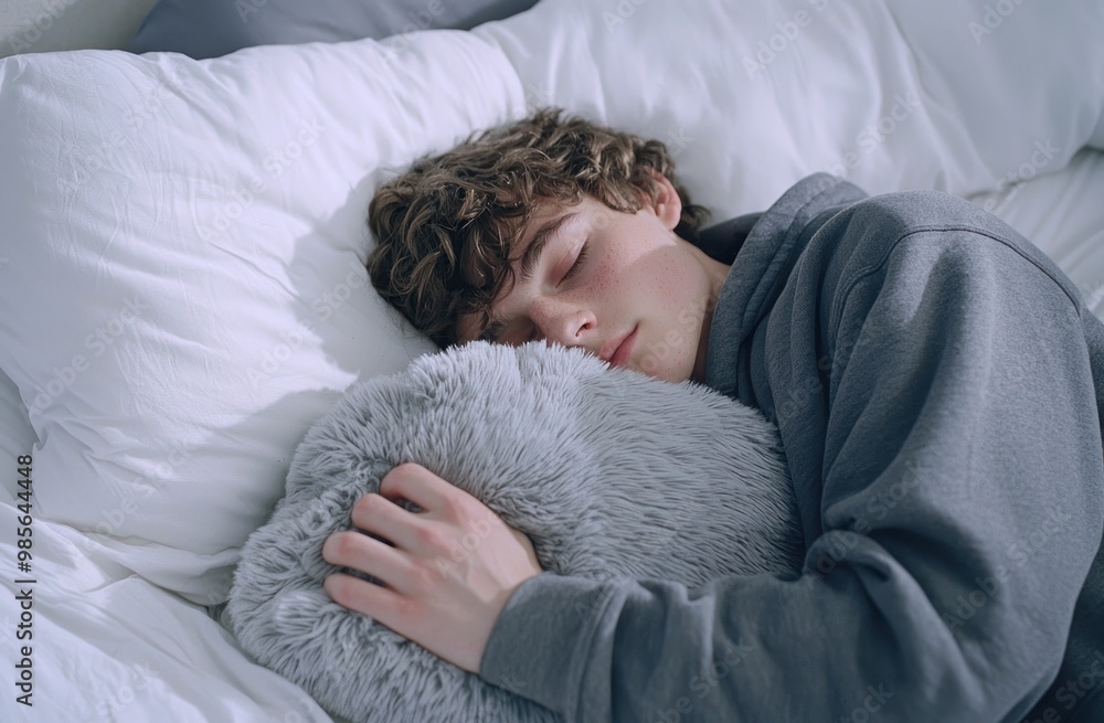A man is sleeping on his side with a stuffed animal and a pillow. He is wearing gray pajamas with a hood, against a white background. Advertising stock photo. Close-up of both hands holding a pillow. A man is sleeping on his side with a stuffed animal and a pillow. He is wearing gray pajamas with a hood, against a white background. Advertising stock photo. Close-up of both hands holding a pillow.