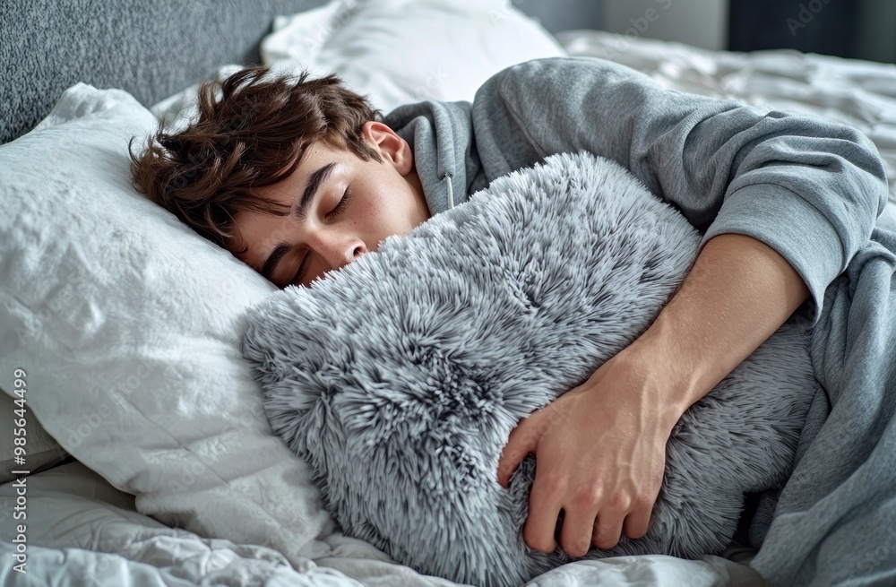 A man is sleeping on his side with a stuffed animal and a pillow. He is wearing gray pajamas with a hood, against a white background. Advertising stock photo. Close-up of both hands holding a pillow. A man is sleeping on his side with a stuffed animal and a pillow. He is wearing gray pajamas with a hood, against a white background. Advertising stock photo. Close-up of both hands holding a pillow.