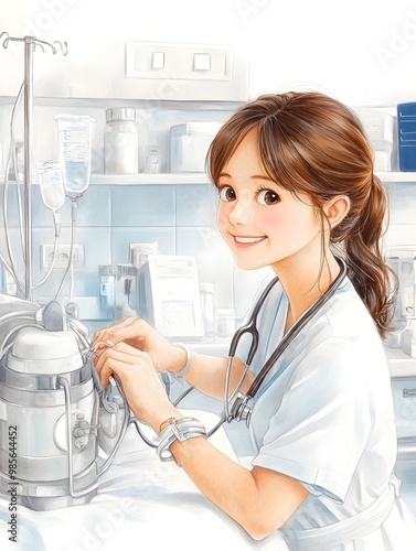 Friendly Nurse Assisting Patient in Pristine Medical Facility with Sketch like