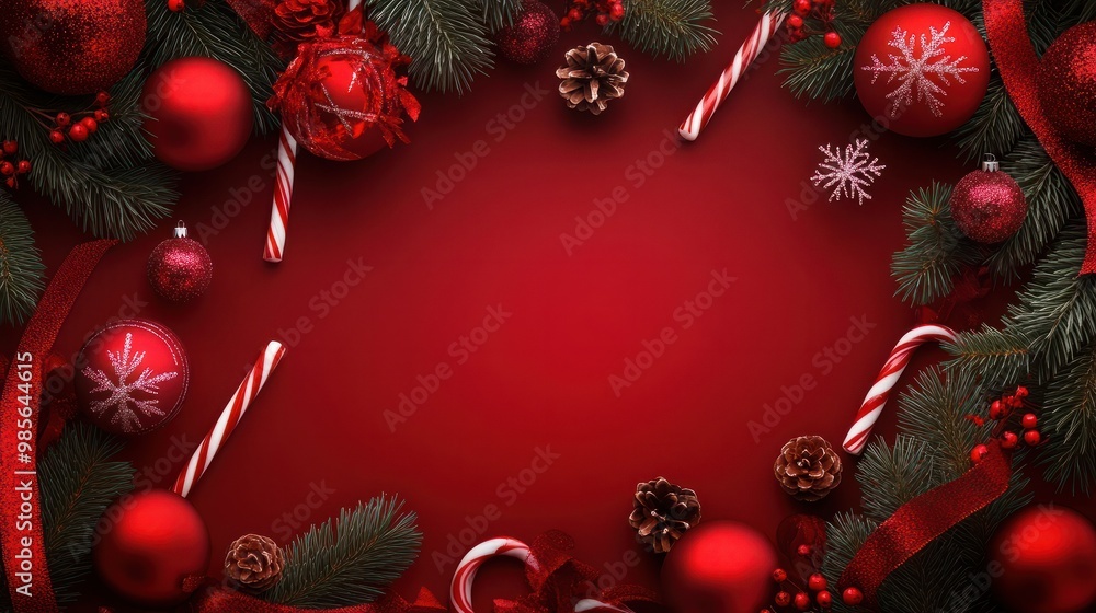 Weihnachten und Neujahrs Hintergrund mit roten Kugeln, Tannenzweigen und Zuckerstangen mit Platz für Text - erstellt mit KI Weihnachten und Neujahrs Hintergrund mit roten Kugeln, Tannenzweigen und Zuckerstangen mit Platz für Text - erstellt mit KI