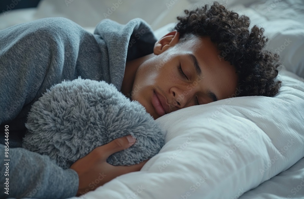 A man is sleeping on his side with a stuffed animal and a pillow. He is wearing gray pajamas with a hood, against a white background. Advertising stock photo. Close-up of both hands holding a pillow. A man is sleeping on his side with a stuffed animal and a pillow. He is wearing gray pajamas with a hood, against a white background. Advertising stock photo. Close-up of both hands holding a pillow.