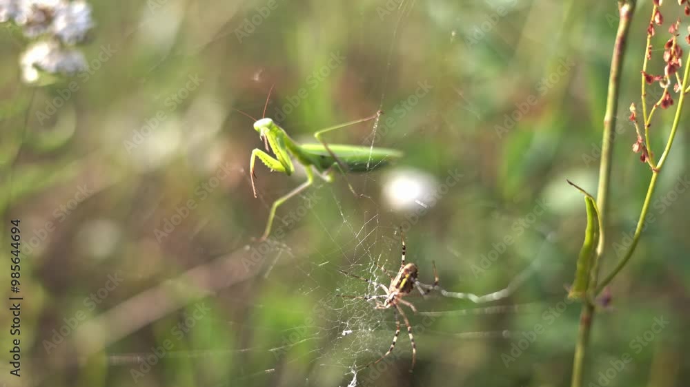 Green praying mantis swinging on a web ready to fight a spider. Macro footage of a praying mantis caught in a spider's web and ready to stand up for itself. The praying mantis raised its front paws. Green praying mantis swinging on a web ready to fight a spider. Macro footage of a praying mantis caught in a spider's web and ready to stand up for itself. The praying mantis raised its front paws.