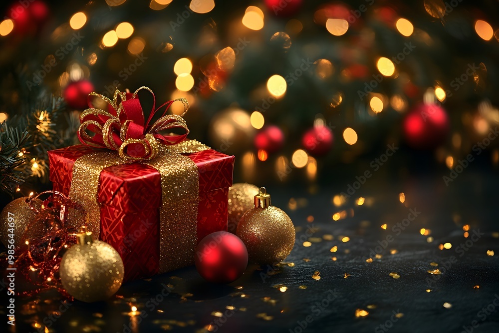 Christmas Gift Box With Gold Ornaments and Lights Christmas Gift Box With Gold Ornaments and Lights