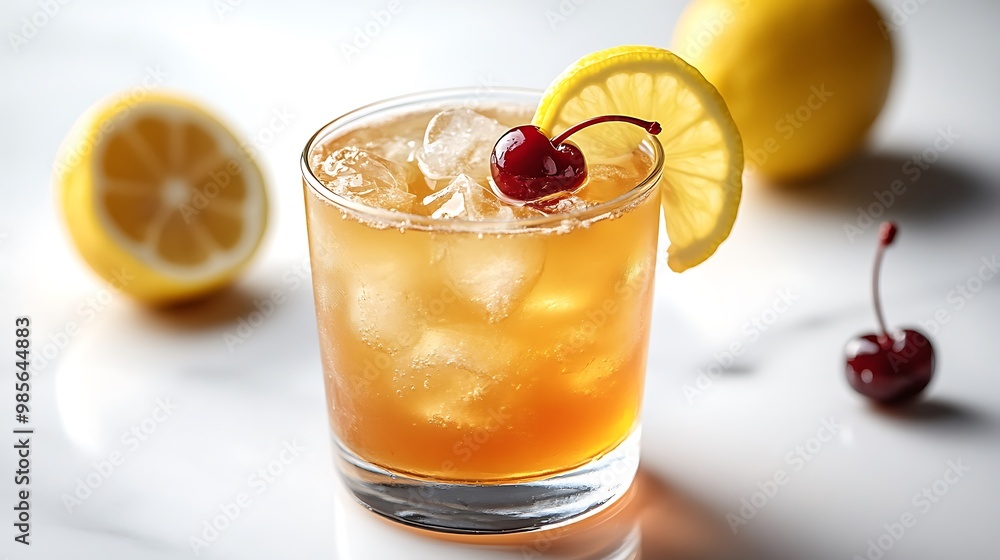 A classic Whiskey Sour cocktail in a short glass, amber liquid, garnished with a lemon slice and cherry, on a white background, soft lighting, simple and elegant composition. --ar 16:9 --no logo A classic Whiskey Sour cocktail in a short glass, amber liquid, garnished with a lemon slice and cherry, on a white background, soft lighting, simple and elegant composition. --ar 16:9 --no logo