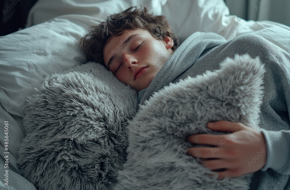 A man is sleeping on his side with a stuffed animal and a pillow. He is wearing gray pajamas with a hood, against a white background. Advertising stock photo. Close-up of both hands holding a pillow. A man is sleeping on his side with a stuffed animal and a pillow. He is wearing gray pajamas with a hood, against a white background. Advertising stock photo. Close-up of both hands holding a pillow.