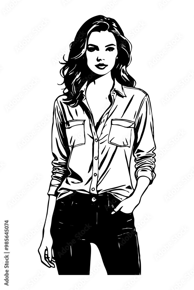 Fictional female character. Black and white line art. Logo design for use in graphics. T-shirt print, tattoo design. Fictional female character. Black and white line art. Logo design for use in graphics. T-shirt print, tattoo design.