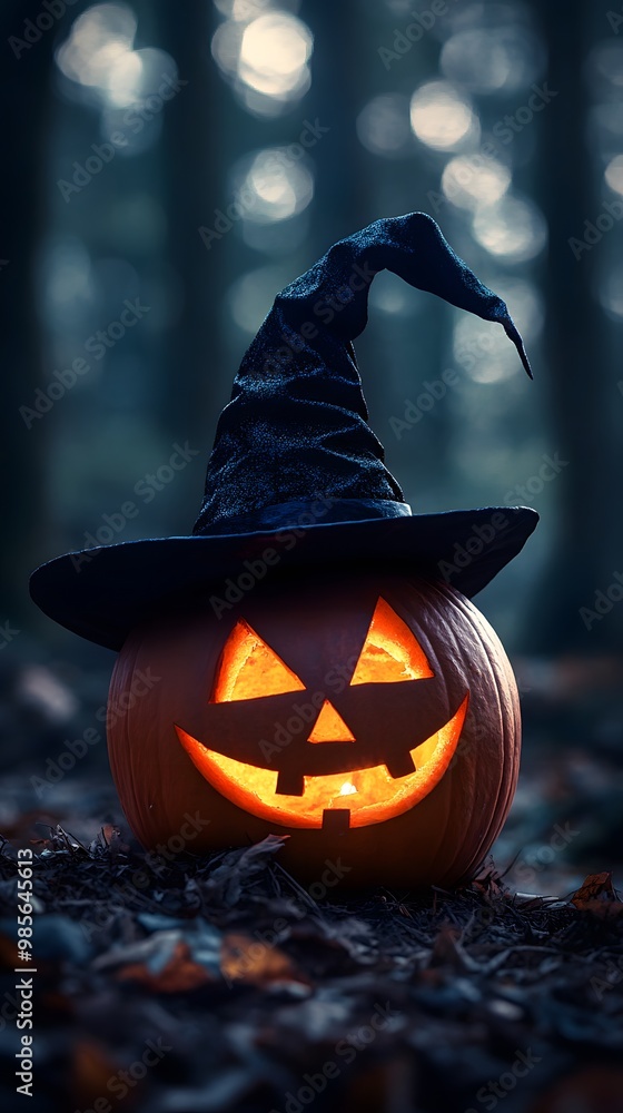 Naklejka premium Jack o lantern With Witch Hat In Dark Forest