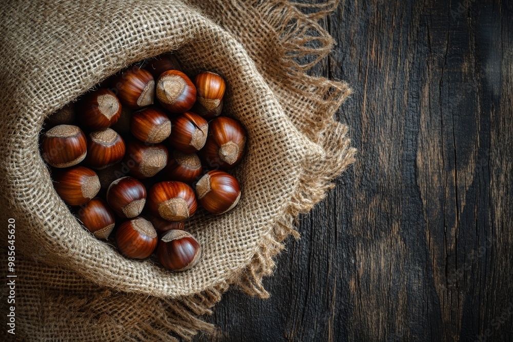 A burlap sack filled with freshly gathered hazelnuts is positioned on a dark, rustic wooden table, illustrating nature's bounty A burlap sack filled with freshly gathered hazelnuts is positioned on a dark, rustic wooden table, illustrating nature's bounty