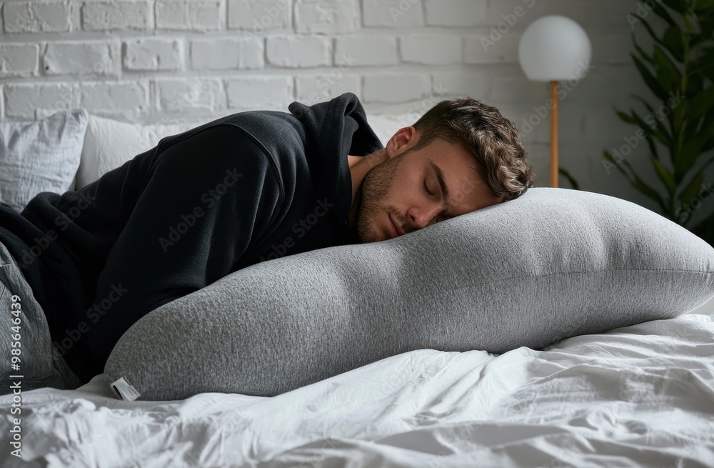 A man is sleeping on his side with a stuffed animal and a pillow. He is wearing gray pajamas with a hood, against a white background. Advertising stock photo. Close-up of both hands holding a pillow. A man is sleeping on his side with a stuffed animal and a pillow. He is wearing gray pajamas with a hood, against a white background. Advertising stock photo. Close-up of both hands holding a pillow.