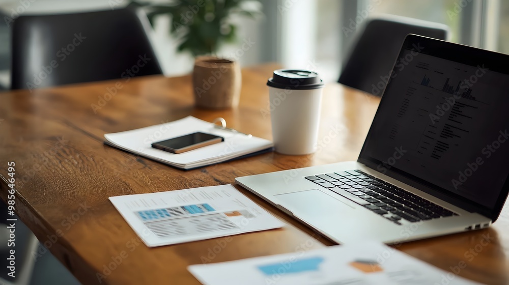 Productive Conference Room Setup with Laptop and Financial Documents Ready for Business Meeting Productive Conference Room Setup with Laptop and Financial Documents Ready for Business Meeting