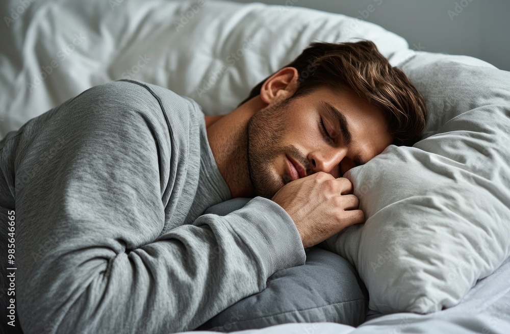 A man is sleeping on his side with a stuffed animal and a pillow. He is wearing gray pajamas with a hood, against a white background. Advertising stock photo. Close-up of both hands holding a pillow. A man is sleeping on his side with a stuffed animal and a pillow. He is wearing gray pajamas with a hood, against a white background. Advertising stock photo. Close-up of both hands holding a pillow.