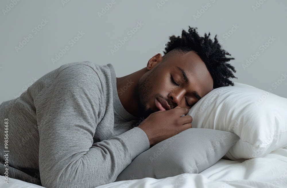 A man is sleeping on his side with a stuffed animal and a pillow. He is wearing gray pajamas with a hood, against a white background. Advertising stock photo. Close-up of both hands holding a pillow. A man is sleeping on his side with a stuffed animal and a pillow. He is wearing gray pajamas with a hood, against a white background. Advertising stock photo. Close-up of both hands holding a pillow.