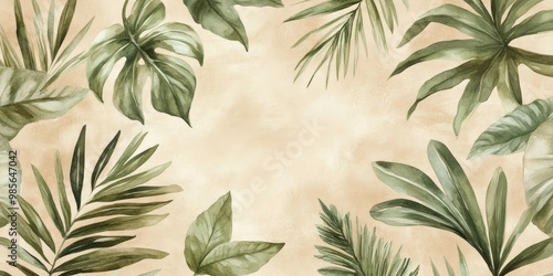 Tropical leaves of various shapes and sizes create a serene framing effect against a warm beige background, enhancing a natural atmosphere