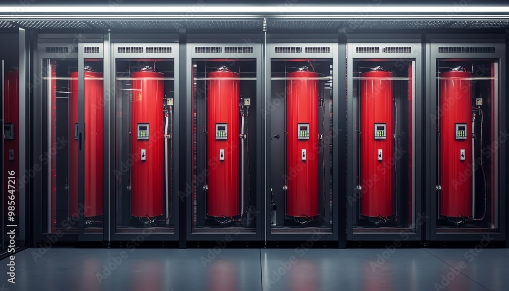 Fototapeta premium Server room with six red fire suppression systems in glass-enclosed cabinets