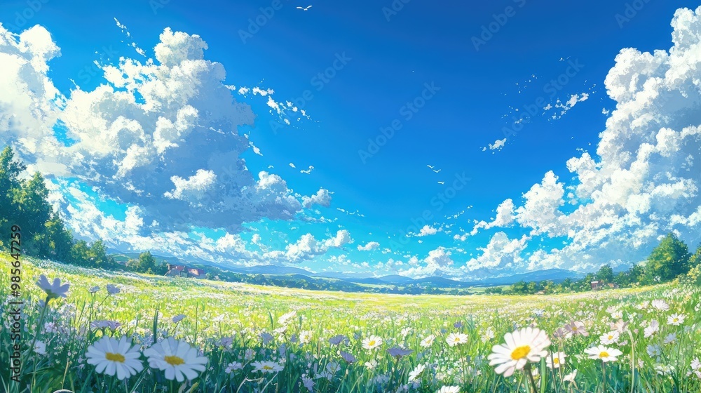 Obraz premium A tranquil anime landscape with a field of wildflowers under a brilliant blue sky, symbolizing the peacefulness of nature.