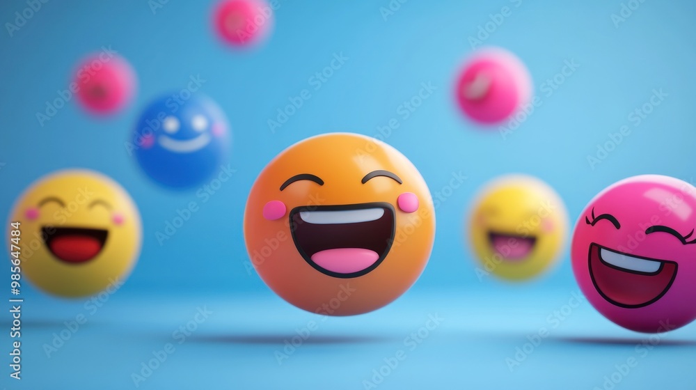 A collection of smiling emojis with blushes on a blue background. A collection of smiling emojis with blushes on a blue background.
