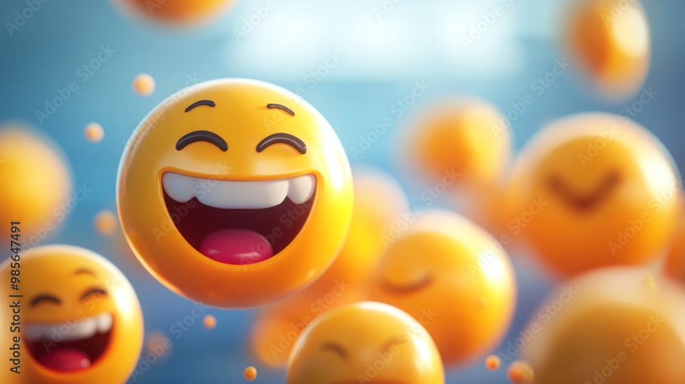 Close-up of a 3D rendered yellow smiley face with open mouth, white teeth, and closed eyes, laughing. Multiple other smiley faces are visible in the background, blurred. Close-up of a 3D rendered yellow smiley face with open mouth, white teeth, and closed eyes, laughing. Multiple other smiley faces are visible in the background, blurred.