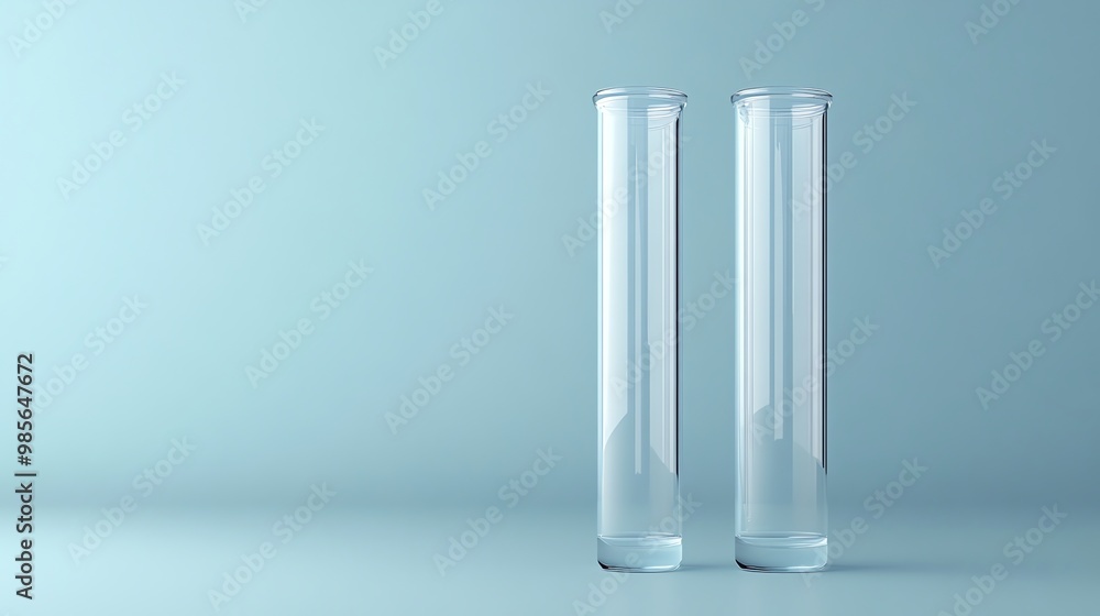Two Empty Glass Test Tubes on Blue Background Two Empty Glass Test Tubes on Blue Background