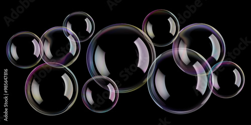 Transparent circle soap bubbles float in bath water, 3D sphere. Rainbow glass ball reflects soap suds. Liquid drops, gradient contrast flare on black wash, design elements for air balloons in wind.