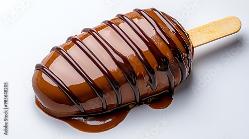 A chocolate-covered ice cream popsicle rests temptingly on a white background. photo