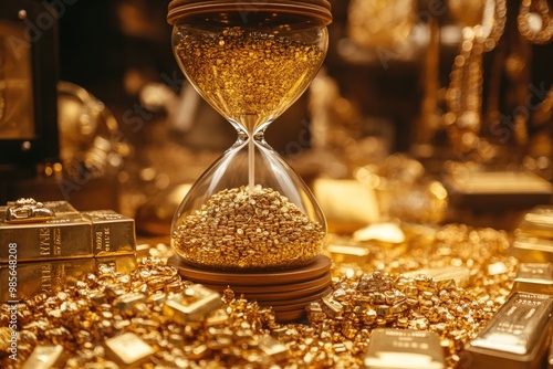 A golden hourglass sits on a pile of gold bars and nuggets, symbolizing the passage of time and the value of wealth.