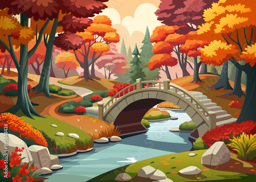 cartoon vector illustration of autumn park with river and bridge, yellow and red trees and stones, japanese garden, landscape background