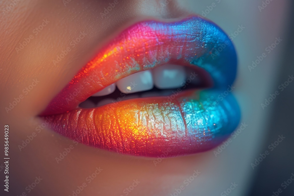 A close up shot of lips adorned with bold, colorful stripes of rainbow lipstick. The vibrant hues of red, orange, yellow, green, blue, and purple create a striking visual effect A close up shot of lips adorned with bold, colorful stripes of rainbow lipstick. The vibrant hues of red, orange, yellow, green, blue, and purple create a striking visual effect