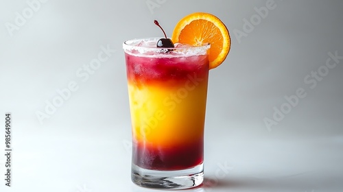 Wallpaper Mural A colorful Tequila Sunrise cocktail in a tall glass, with layers of orange and red, garnished with an orange slice and cherry, on a clean white background, tropical and vibrant.  --ar 16:9 --no logo Torontodigital.ca