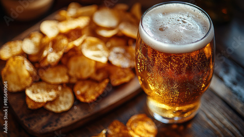 Close-Up of Beer with Chips