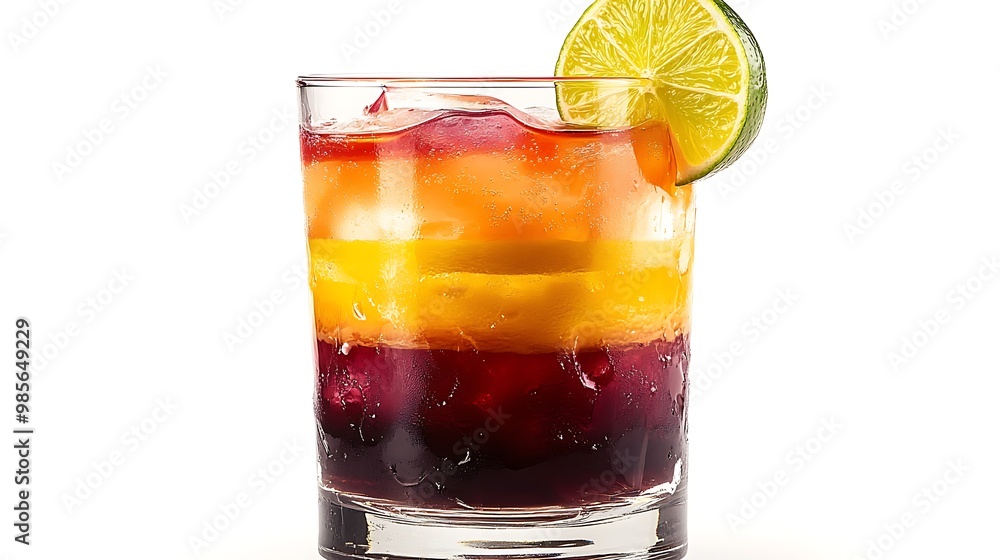 A colorful Tropical Rum Punch cocktail in a clear glass, layers of orange, yellow, and red, garnished with a lime wedge and cocktail umbrella, set against a clean white background, A colorful Tropical Rum Punch cocktail in a clear glass, layers of orange, yellow, and red, garnished with a lime wedge and cocktail umbrella, set against a clean white background,