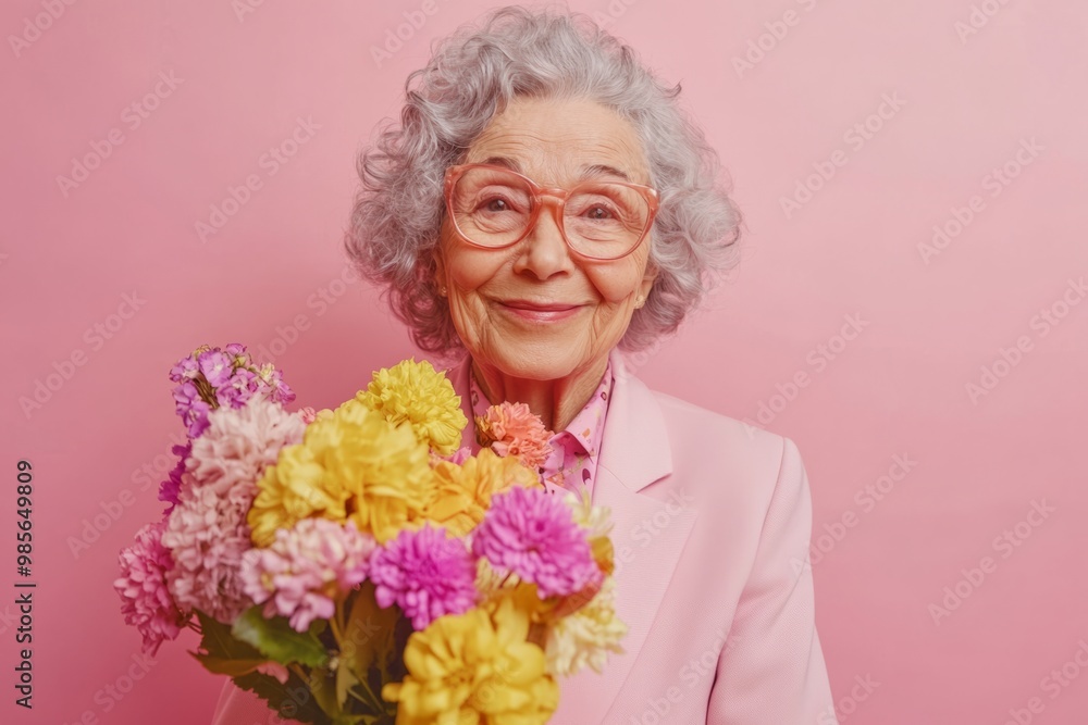A cheerful elderly woman holds a vibrant bouquet of flowers against a soft pink background. She embodies joy and warmth. Perfect for uplifting themes in photography. Generative AI A cheerful elderly woman holds a vibrant bouquet of flowers against a soft pink background. She embodies joy and warmth. Perfect for uplifting themes in photography. Generative AI